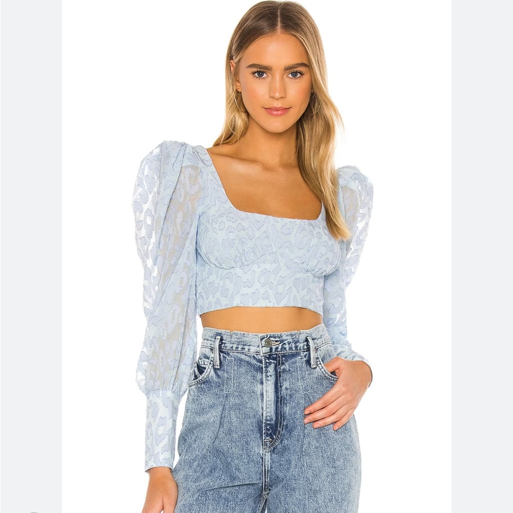 NWT NBD x Revolve Bex Baby Blue Chiffon Crop long sleeve top blouse women size S